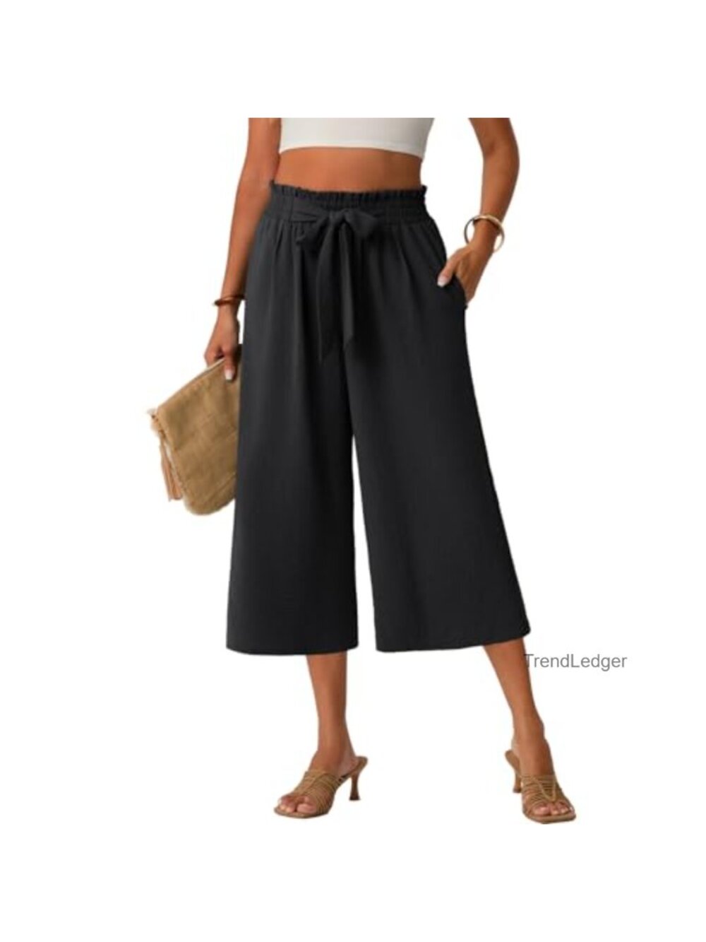 Wide Leg Capri Pants High Waisted Pull On with Pockets 100% Polyester